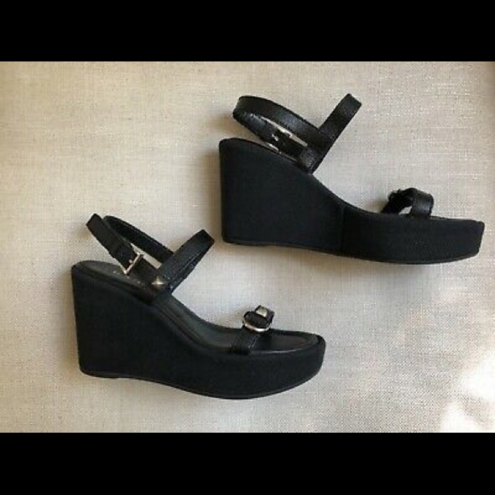 Prada Platform Sandals Black Leather Wedge Buckle - Picture 4 of 8